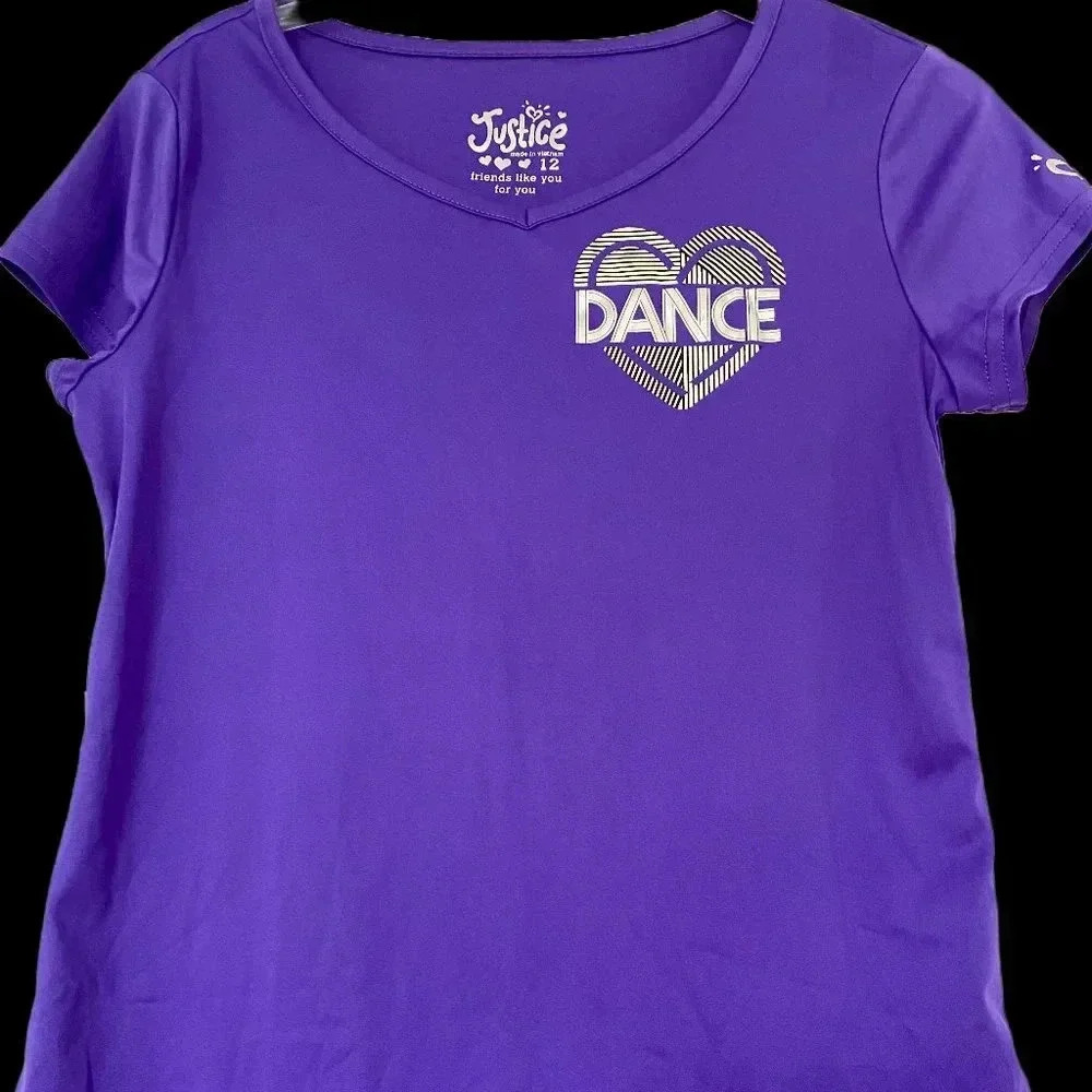 Justice Girls Purple Tee Size 12 with Striped Heart and Dance Lettering